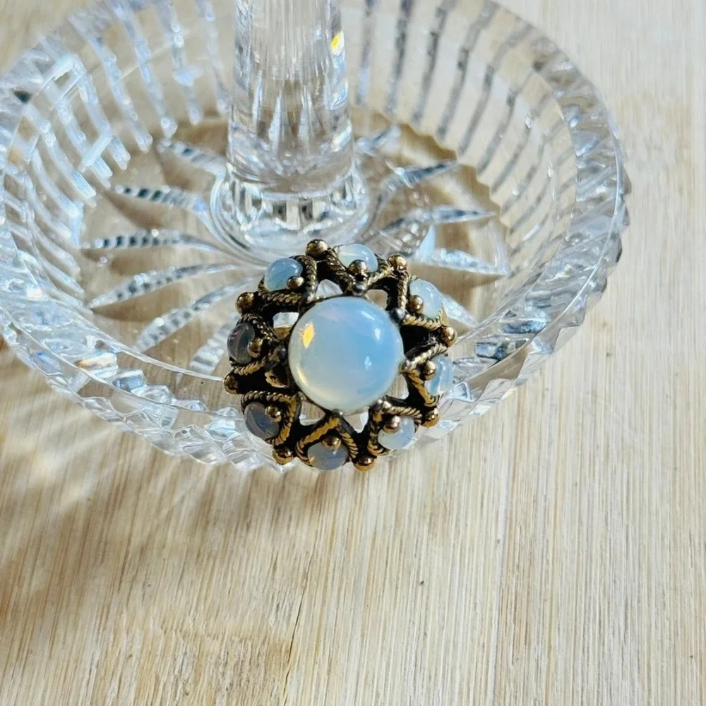 Uncas Cocktail Ring Opalescent Opal Glass Cabochon Gold ElectroPlated Rare VTG